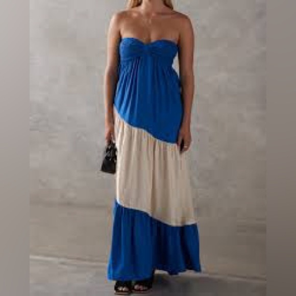 SANCIA Dresses & Skirts - SANCIA Chic Strapless Blue and Cream Maxi Dress